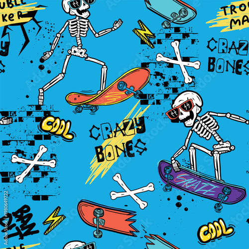 Cartoon bright pattern with  a skate and skeleton. for T-shirts, textiles, clothes, wrapping paper , and more