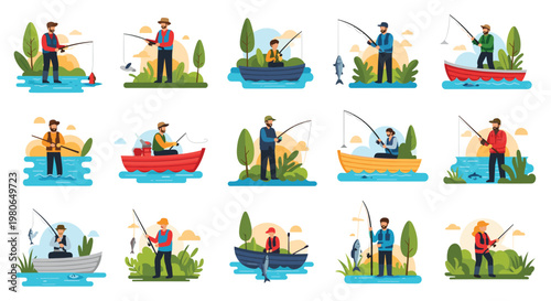 Fishermen in diverse outdoor settings including boats and riverbanks enjoying their hobby during a beautiful sunrise or sunset period.
