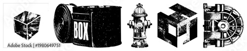 Black and white halftone vector illustrations of mechanical objects and abstract shapes, including a cube, box, hydrant, and turbine, rendered in a gritty, textured style.