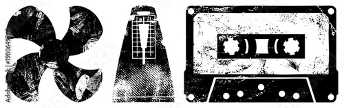 Retro music equipment symbols including,, cassette tape, halftone texture, vector, isolated graphics.