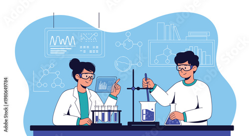 Male and female scientists conducting chemical experiments and analyzing data with laboratory equipment in a modern research facility.