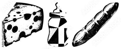Halftone stylized cheese wedge with holes, coffee cup, and baguette loaf, all in bold black and white vector graphic, food illustration, culinary.
