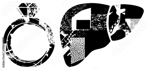 Distressed black and white vector engagement ring with textured setting and human liver organ, both rendered with halftone and grainy for artistic decay aesthetic.