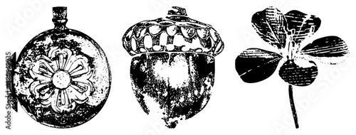 Antique pocket watch with dial, textured acorn with cap, clover with stem, engraved art, illustration, symbolic nature items, vintage graphic elements.