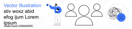 Mental health, social awareness, therapy sessions, emotional expression, group counseling, anxiety. A person talking about emotional well-being with icons of stress. Mental health and social