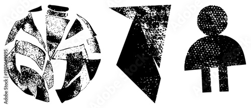 Three stylized black and white fragmented circular form, angular abstract shape, and simplified human figure, rendered in halftone dot, vector glyph style.