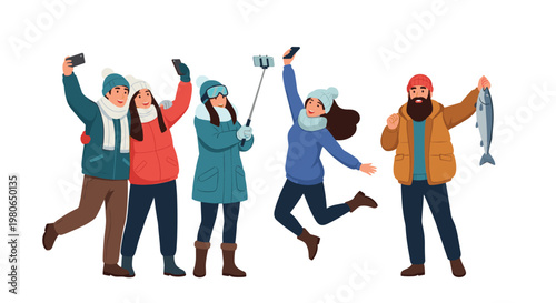 Group of friends in winter clothing having fun outdoors taking selfies and showing off a large fish caught during a cold day.