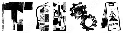 Gridded halftone graphic set featuring fire extinguisher, coffee machine, gears, and wet floor sign industrial safety with textured dot.