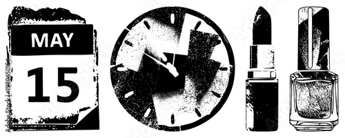 Black and white halftone illustrations of timekeeping and cosmetics, including calendar page, analog clock, lipstick tube, nail polish bottle, retro graphic style.