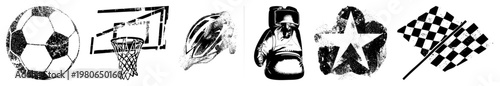 Classic athletic symbols rendered in gritty black and white, including soccer ball, basketball hoop, helmet, boxing glove, star, checkered flag all with worn texture and bold.