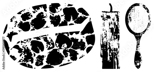 Grunge style vector of candle, hairbrush, and stone plate with distressed textures,, isolated elements, artistic design.