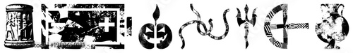 Mythological emblems, ancient glyphs, sacred symbols, ritual motifs, stylized, engraved, cultural artifacts.