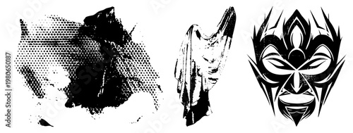 Black and white vector graphics featuring halftone texture, draped cloth, and stylized tribal mask, isolated elements for design use.