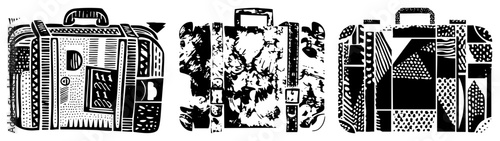 Travel luggage with intricate black and white, geometric shapes, halftone textures, stylized suitcase designs, vector art, travel gear, graphic illustration.