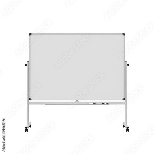 A portable magnetic whiteboard on a metal stand with wheels for office or educational settings isolated on transparent background