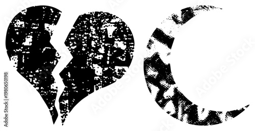Two halves of a shattered heart and moon, distressed vector, symbolic breakup or night motif, graphic design element, romantic or mystical theme.