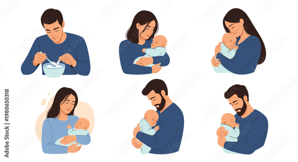 Fototapeta premium Various scenes showing loving mothers and fathers holding, cuddling, and feeding their newborn babies with care and affection.