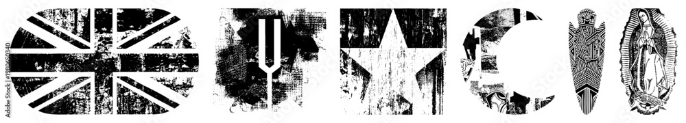 Obraz premium Distressed flag, tuning fork, star,, indigenous, Virgin of Guadalupe all rendered in gritty, high contrast vector art with textured.