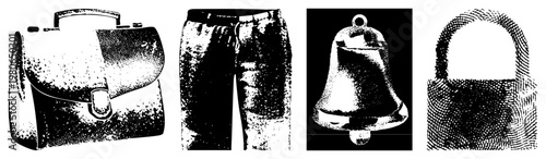 Vintage briefcase with clasp, denim shorts with drawstring, classic bell with clapper, padlock with shackle all rendered in halftone dot. Vector cutout silhouettes for design use.