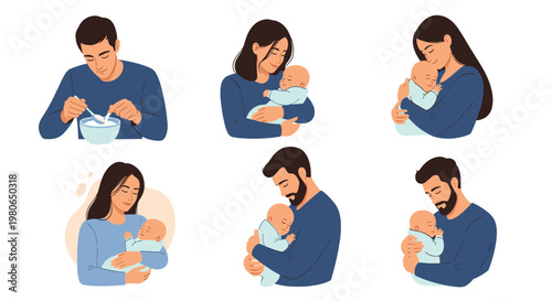 Various scenes showing loving mothers and fathers holding, cuddling, and feeding their newborn babies with care and affection.