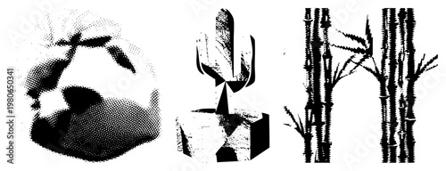 Graphic design using dot based shading, geometric forms, and stylized natural elements, rendered in, ideal for print or digital.