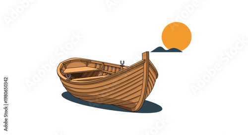 Traditional wooden rowboat resting on a sandy beach during a calm sunset with a large orange sun and distant mountain silhouettes.