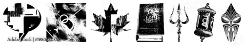 Stylized symbolic shapes including, trident, mask, book, and maple leaf rendered in black and white vector art. Includes halftone textures and isolated glyph designs for graphic design use.