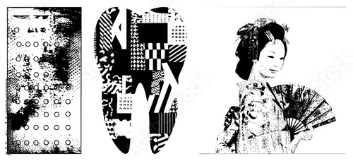 Traditional Japanese geisha holding fan, stylized dot, illustration, cultural figure, artistic rendering, vintage aesthetic.