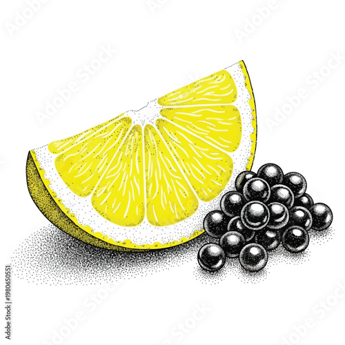 Fresh Lemon Slice with Metallic Silver Beads on White Background