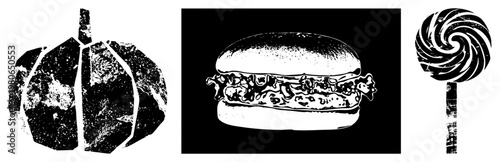 Retro styled food and holiday symbols in halftone print, pumpkin, burger, lollipop, festive graphic, black and white vector art, isolated.