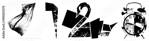 Fragmented vector forms with halftone grain, distressed edges, bold black silhouettes, graphic design elements, isolated vector.