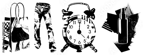 Grunge style vector featuring shopping bag, denim jeans, classic alarm clock, and perfume bottle with halftone texture, isolated foreground elements.
