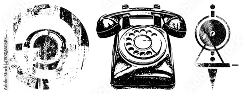 Retro rotary telephone, vintage compass, circular dial, black and white vector illustrations, grunge texture, communication tools, isolated symbols, tech nostalgia.