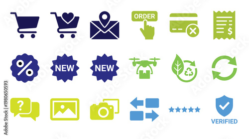 Collection of ecommerce and business icons in various colors