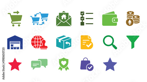 Collection of colorful ecommerce icons on for business and finance