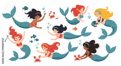 Beautiful and colorful mermaids with different hair styles swimming underwater with fish, crabs, and bubbles in the ocean.