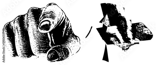 Bold black and white stylized finger pointing forward, paired with fragmented angular shapes, halftone texture, graphic design element, isolated foreground, vector illustration.