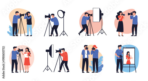 Professional photographers working in various studio environments using tripods, cameras, and lighting equipment for photoshoots.