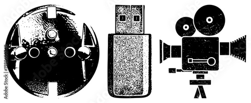 Stylized black and white vector drone with, USB flash drive, classic film camera. Vintage, halftone texture, graphic design elements.