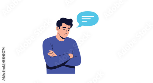 Sad young man with a concerned facial expression and crossed arms with a blank speech bubble floating above his head.