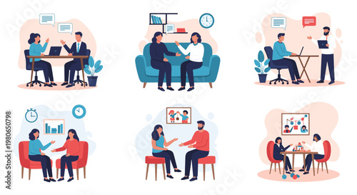 People participating in different types of counseling and therapy sessions to discuss their problems and improve mental health.