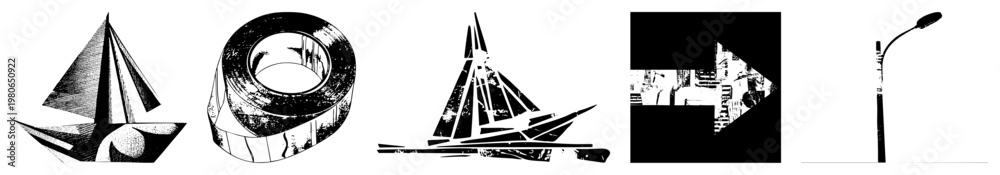 Obraz premium Minimalist vector featuring sailboat, tape roll, and street lamp in halftone and glyph styles, isolated foreground, design, urban and maritime motifs.