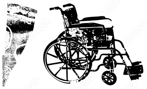 Black and white wheelchair illustration with halftone shading, abstract graphic fragment, mobility aid design, accessibility, vector cutout, isolated mobility device.