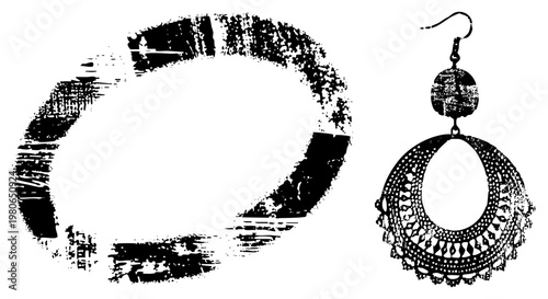 Handcrafted tribal bracelet and dangling earring with bold geometric motifs, distressed ink texture, ethnic adornment, bohemian style accessory.