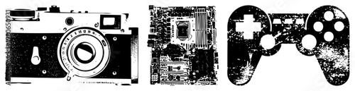 Retro camera lens, circuit board, gaming controller vector rendered in halftone texture, isolated on transparent background.