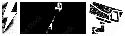 Graphic featuring a lightning bolt, film camera, and security camera in bold black and white halftone style, isolated vector elements for digital use.