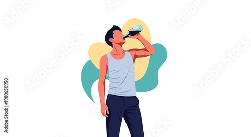 Young man wearing a white tank top is drinking a dark beverage from a glass bottle against an abstract yellow and teal background.