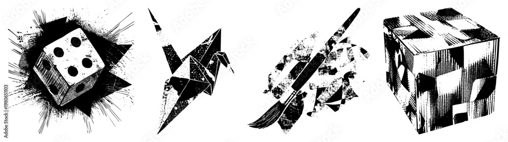 Obraz premium Abstract black and white vector origami crane, die, paintbrush, cube halftone, geometric. Ideal for graphic design/print. Synonyms stylized symbols, graphic glyphs, vector element