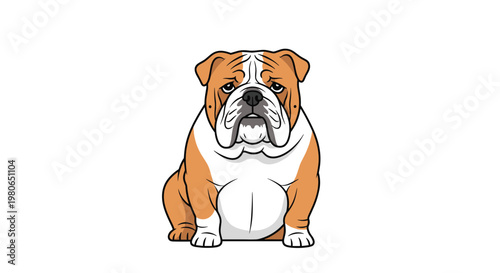 Detailed illustration of a brown and white English bulldog sitting calmly and looking forward with its characteristic wrinkled face.