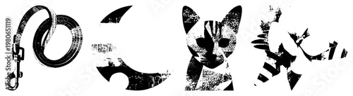 Stylized dog leash, moon, cat face, and bird in gritty black and white vector art, textured with halftone grain and bold negative space.